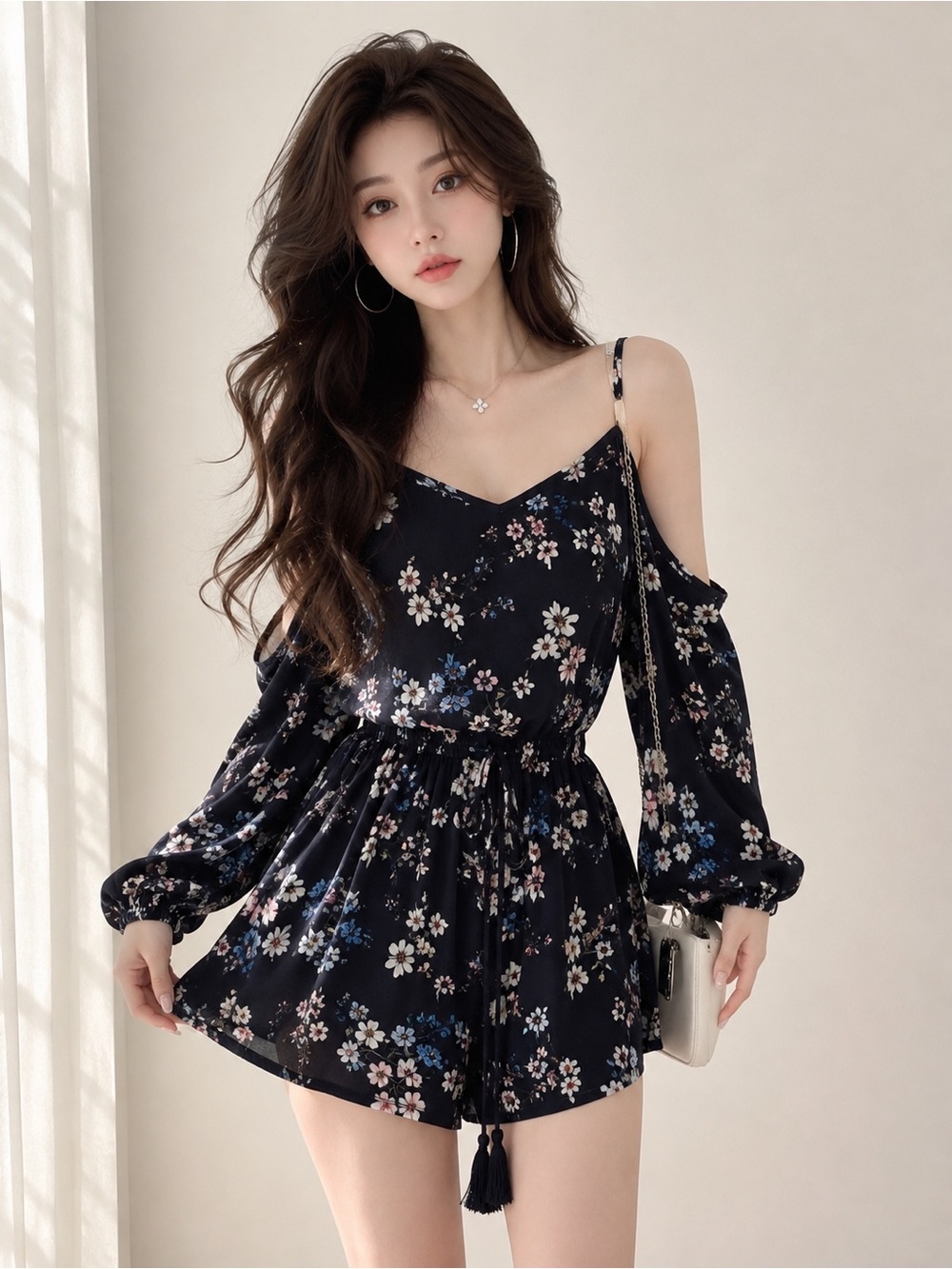 Forever 21 Black Floral Cold-Shoulder Long Sleeve Romper